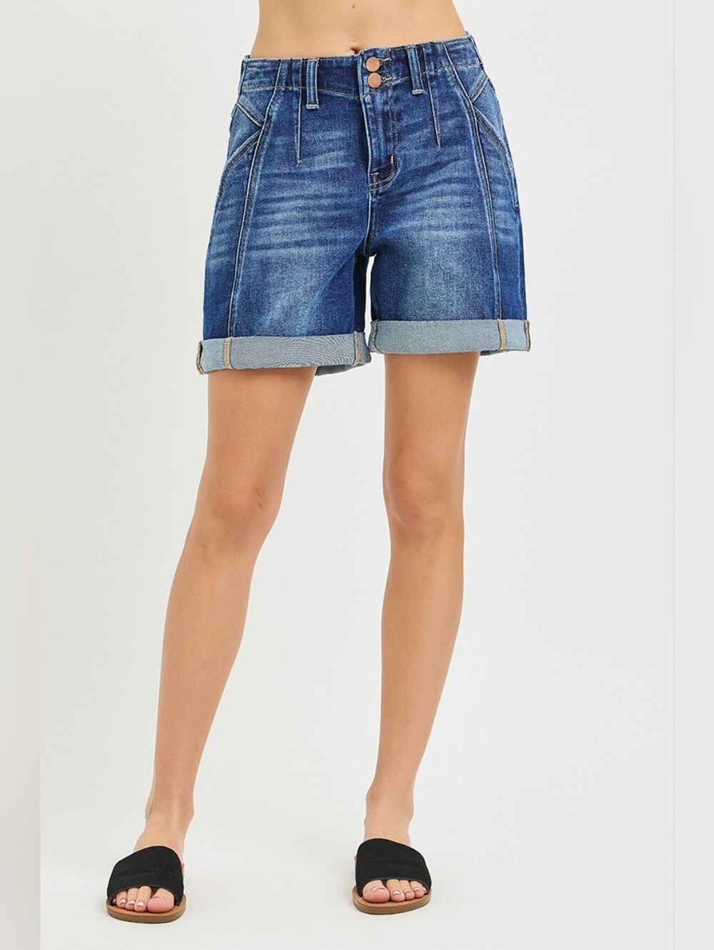 RISEN Dark Wash Double Button Denim Shorts Roll Up Midi Side Seam S M L XL NEW - Picture 5 of 7